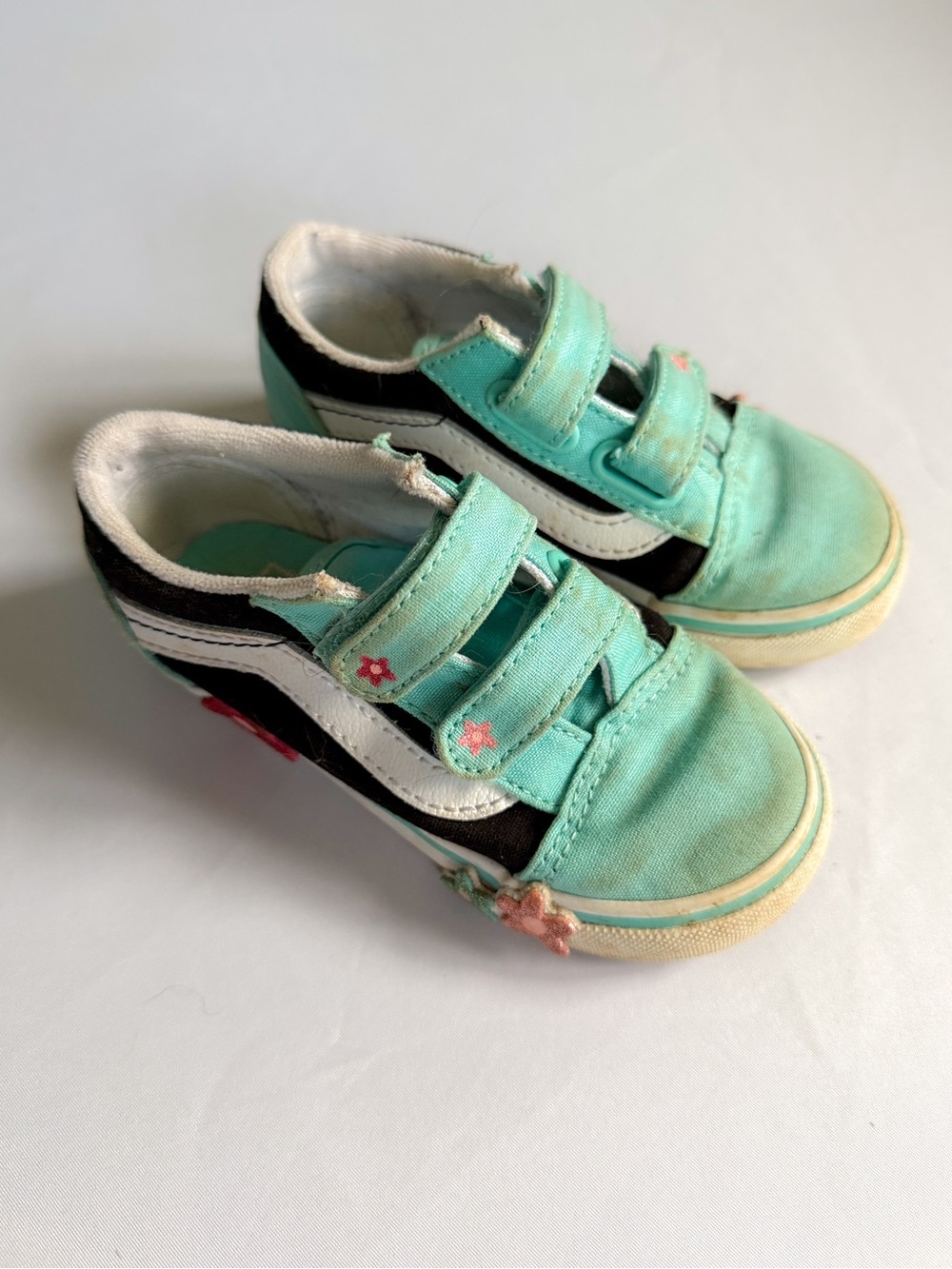 Vans Toddler Mint Green Velcro Sneakers with Floral Accents
